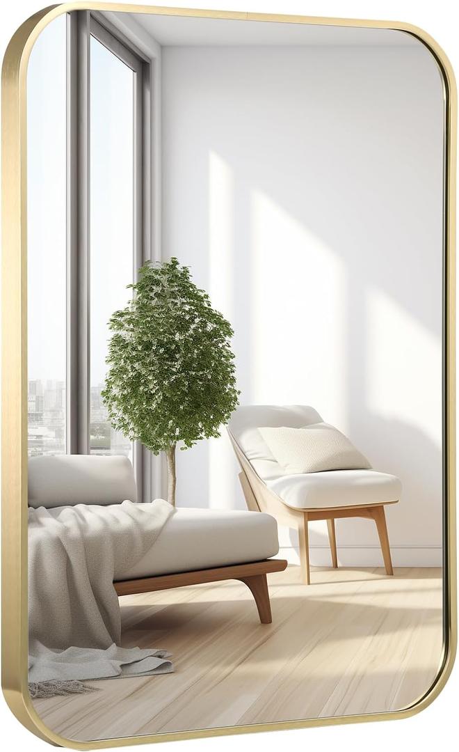 30x36 Inch Bathroom Mirror for Wall,Gold Framed Rectangle Mirror with Rounded Corner,Aluminum Alloy Framed Brushed Wall Mirror for Bedroom or Living Room,Vertical or Horizontal