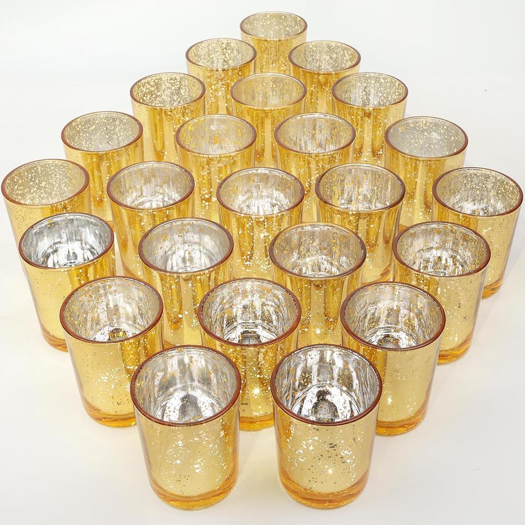 TBWIND 24 Pcs Gold Votive Candle Holders, Speckled Mercury Gold Glass Candle Holder Bulk for Wedding Centerpiece Table Decor, Tea Lights Candle Holder for Valentines Day Decor, Home Decor