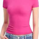 PUMIEY Women's Crew Neck Short Sleeve Tops Double Lined Slim Fit T Shirts Basic Tee Smoke Cloud Pro Collection, XS, Pink