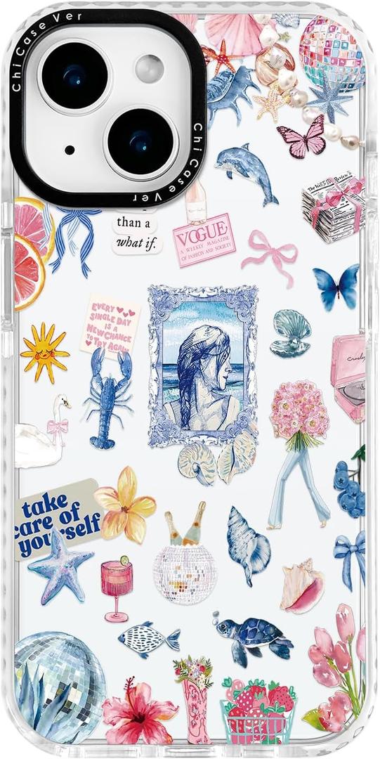 for iPhone 13 mini Case, Ocean Self-Care Collage Pattern with Sea Creatures, Military-Grade Drop Protection, Aesthetic Soft Slim TPU Protective & Camera Protection for Women Girls (BlueSummerCut)