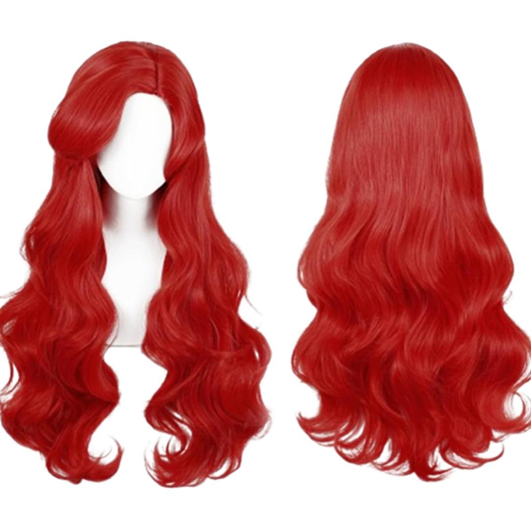 COSPLAZA Red Mermaid Long Wavy Curly Body Wave Wig Halloween Cosplay Costume Wigs for Women Side Parted with Bangs