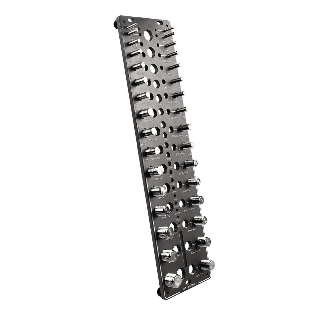 51-in-1 Bolt Size Finder & Thread Checker, 32 Metric & 32 SAE Nut and Bolt Thread Gauge with 19 Drill Bit Checker, CNC-Machined Aluminum Screw Size Chart, Go/No-Go ANSI Standard, Non-Slip Base