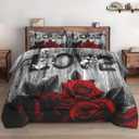 Comforter Set Twin Size with Pillowcase, Red Rose Flower 2 Pcs Bedding for Kids and Adults, Summer Vintage Woodboard Soft Comforter Set for Bedroom Bed Decor (Multi 4)