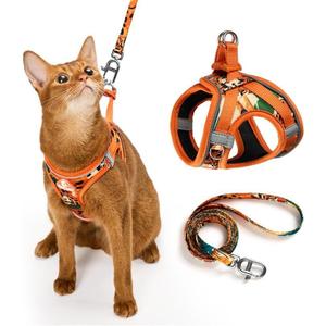 Cat Harness and Leash Set, Step-in Escape Proof Adjustable Vest Harness for Small Medium Large Cats, Lightweight Soft Breathable Reflective Kitten Harness, Easy to Wear for Walking Travel, Camping, M (M Chest: 45-50cm(17.7"-19.7"), Orange King of The Jungle)