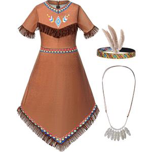 Native American Costume Girls Dress Indigenous American Indians Kids Cosplay 3-12 Years (6-7 Years, Brown)