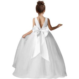 Elegant Satin Tulle Flower Girls Dresses for Wedding V-Back Junior Bridesmaid Dress Girls Ball Gown for First Communion White Size 14