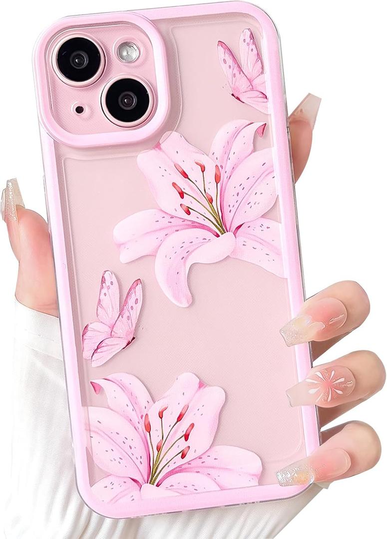 NITITOP Compatible with iPhone 15 Case Cute Durable Lily Flower Floral Butterfly Pattern for Women Girls Color Frame Slim Shockproof Protective Phone Cover - Pink