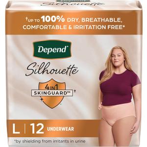 Depend Silhouette Adult Incontinence & Postpartum Bladder Leak Underwear for Women, Maximum Absorbency, Large, Pink, 12 Count, Packaging May Vary Depend Silhouette Adult Incontinence & Postpartum Bladder Leak Underwear for Women, Maximum Absorbency, Large, Pink, 12 Count, Packaging May Vary