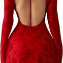 OYOANGLE Women's Floral Long Bell Sleeve Bodycon Mini Dress Open Back Lettuce Trim Party Mesh Dresses (Medium, Red)