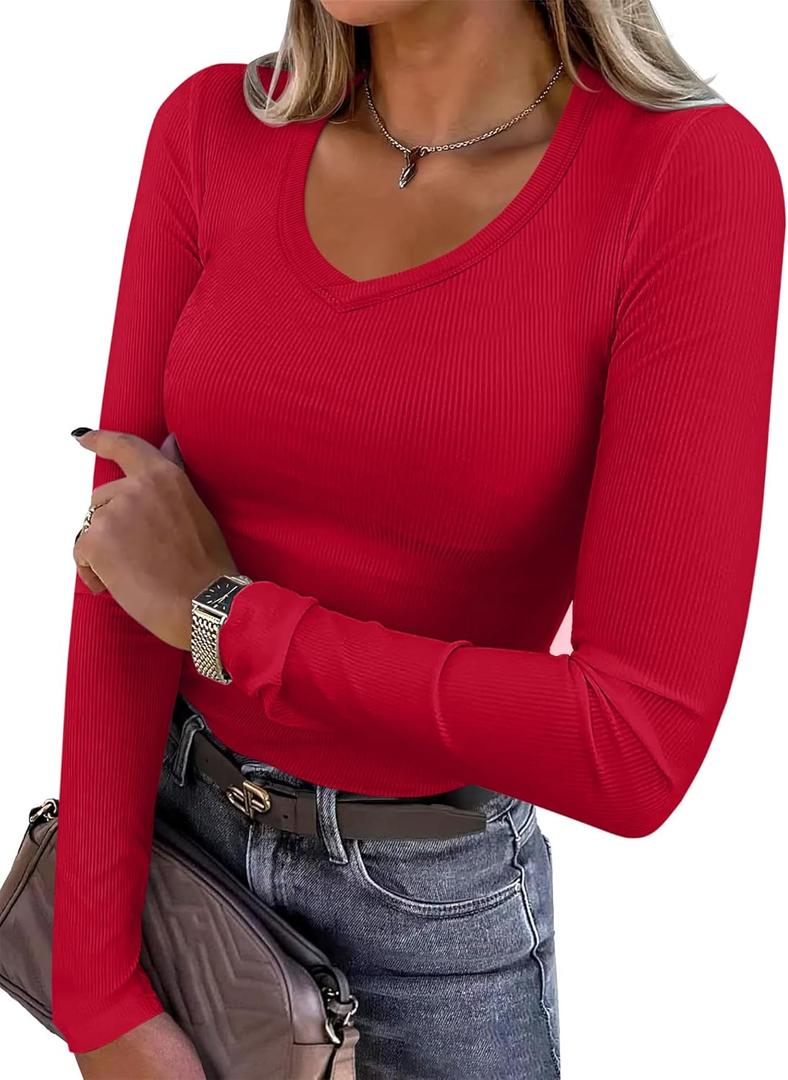 REORIA Womens Long Sleeve Shirts 2025 Fall Trendy Deep V Neck Slim Fit Basic Tops Casual Going Out Top Tee Blouse (XS)