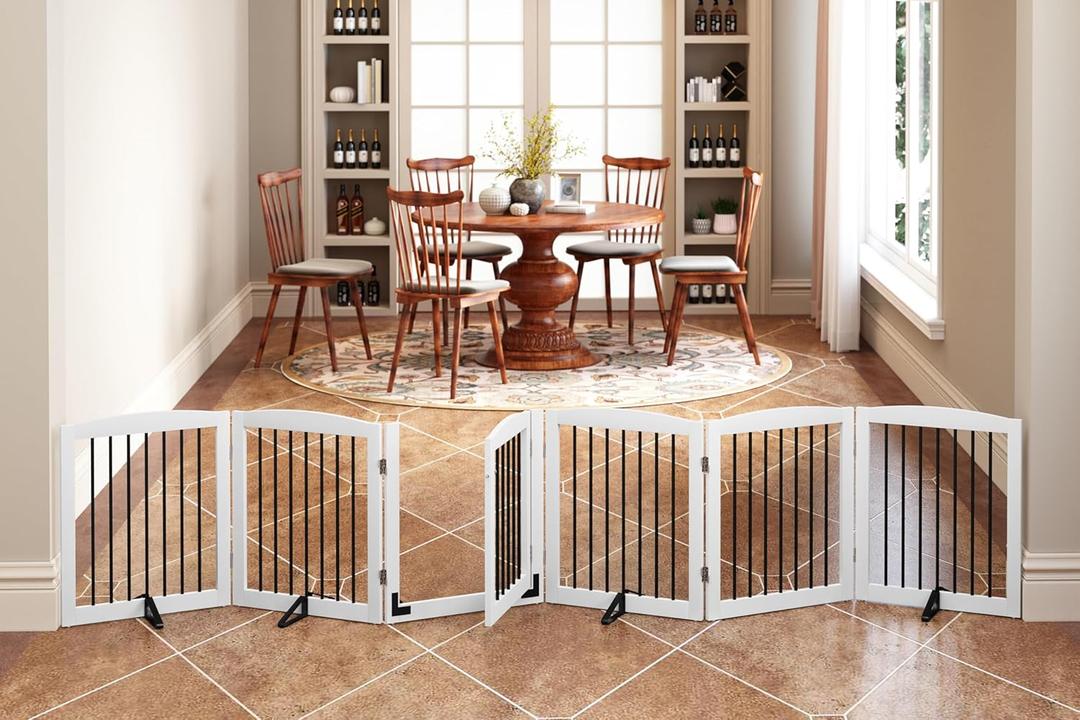 Freestanding Pet Gates with Walk Through Door, Dog Indoor Fence, Dog Gate for The House, Stairs, Extra Wide Dog Gate, Support Feet Included, 120 inch Wide, 6 Panels 24" Tall, White & Black