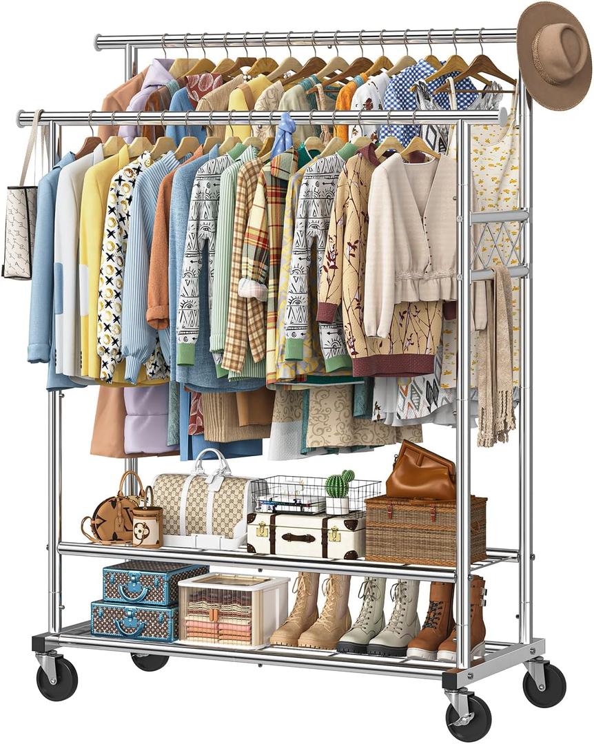 Ekisemio Heavy Duty Clothes Rack, Rolling Clothing Rack for Hanging Clothes Load 650 LBS with 2 Sturdy Shelves, Metal Garment Rack with Wheels for Bedroom, Laundry Room, Retail Store, Silver
