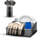 Paper Plate Organizer with Utensil Holder 6 Compartment Metal Paper Plate Dispenser for Plates, Cups, Napkins, Cutlery Countertop Silverware Party Holder for Kitchen, Party, BBQ & Camping