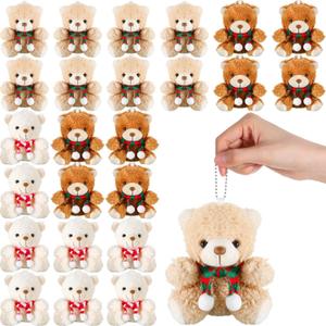 Zubebe 24 Set Christmas Bear Stuffed Animal 4.3 Inch Mini Keychain, Plush Tiny Bears Party Favors With Detachable Scarf for Xmas Birthday Wedding Decoration