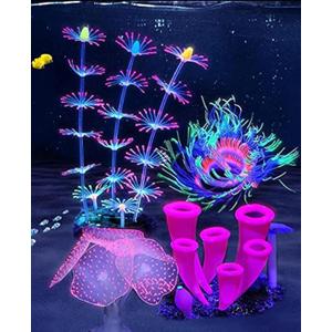 ZtohPyo 4 Pieces Aquarium Fish Tank Decorations with Glowing Effect, Silicone Glow Artificial Ornament Coral Reef Plants for Aquarium Decoration Small and Large Fish Bowl Decor Accessories