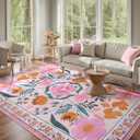 Beeiva Floral Pink Rugs for Living Room 8'x10', Soft Washable Area Rugs Ultra Thin with Low Plie, Large Non Slip Throw Carpet for Bedroom Nursery Dining Room (Pink,8'x10')