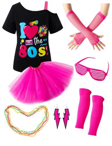 LATOBREATH Girls 80s Accessories Set T-Shirt Fancy Outfits Halloween Costume Glow Party Clothing Funny（4T）