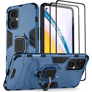 for Oneplus Nord N30 5G Case with 2 Pack Tempered Glass Screen Protector for 1+ Nord N30 5G, Full Protective Case with Metal Ring Magnetic Support Kickstand for Oneplus Nord N30 Blue