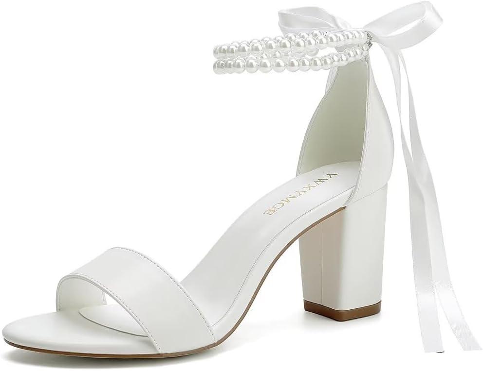 Block Heel Wedding Shoes for Bride Women Chunky Heeled Sandals Pearl Bridal Shoes (8, Ivory)