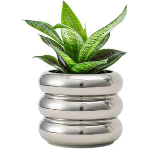 Ceramic Plant Pot Indoor, 4.5 Inch Flower Pot with Drainage Hole, Small Bubble Design Ceramic Planter for Home & Office Decor (Silver), 4.7inch