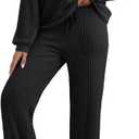 EVALESS Women's Pajama Sets Long Sleeve Sleepwear Matching Drawstring Elastic Pj Pants Ribbed Knit 2 Piece Lounge Set (XX-Large, Black)