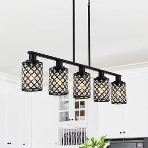 Kitchen Island Lighting,5-Light Dining Room Light Fixture Over Table,Black Linear Chandelier with Black Handmade Crystal Shade,Pendant Lighting for Kitchen Light Dining Table Living Room