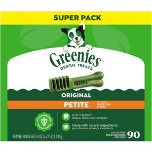Greenies Veterinarian-Recommended Adult Natural Dental Dog Treats Petite Size, Dog Dental Chews, Original Flavor, 54 oz. Pack, 90 Count (EXP 07/28/27)