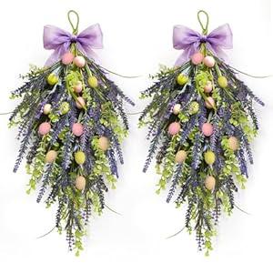 2 Pack 22'' Easter Swag Wreaths for Cabinets Easter Lavender Teardrop Wreath with Eggs Artificial Spring Teardrop Wreath Hanger for Farmhouse Front Door Porch Window Wall Hanging Decor
