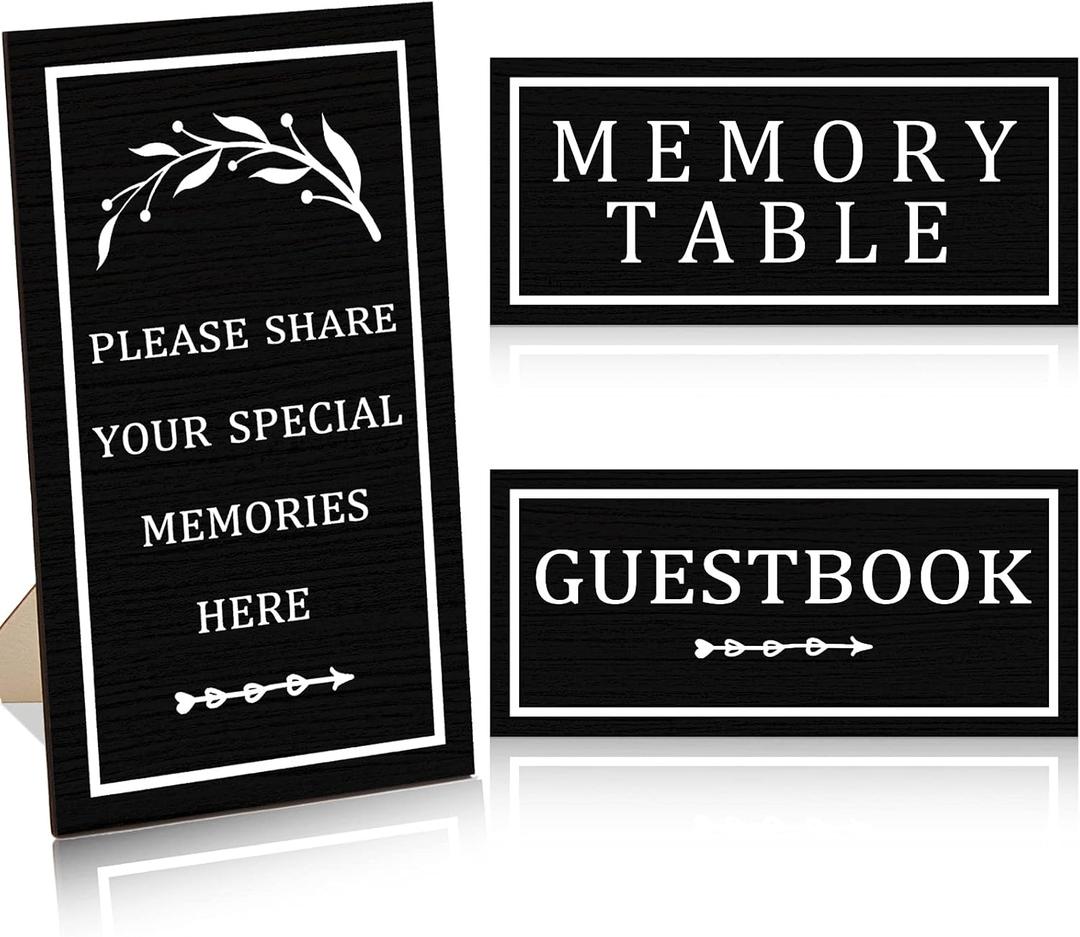 3 PCS Celebration of Life Decoration Wooden Funeral Table Signs Wood Share Memory Sign Guest Book Funeral Memorial Table Condolence(Black)