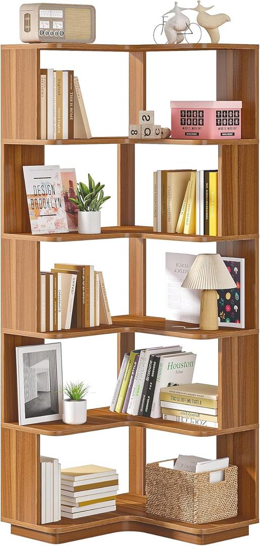 LITTLE TREE 6-Shelf Corner Bookshelf, 65 Tall L Shaped Bookcase, 6-Tier Industrial Corner Shelf Storage Display Rack for Living Room Home Office, Wood Grain Walnut