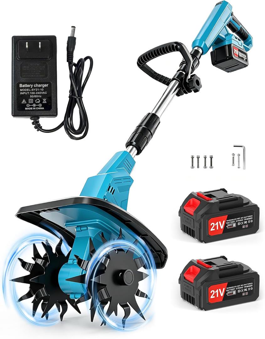 1200W Cordless Garden Tiller Cultivator, Brushless Electric Tiller with Powerful 4-Blade Design, 2 * 21V Batteries, 9" X 7" Tilling Reach, Foldable Hand Tiller for Hard Soil, Lawns, Raised Beds