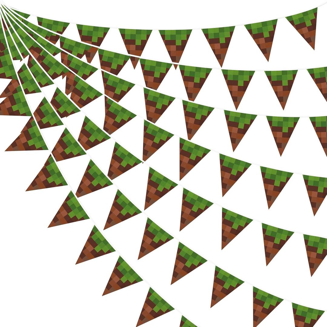32Ft Pixel Party Decorations Green Brown Miner Themed Fabric Banner Triangle Pennant Flag Garland Streamers for Kids Boys Mining Craft Birthday Pixel Gamer Cartoon Baby Shower Outdoor Garden Supplies