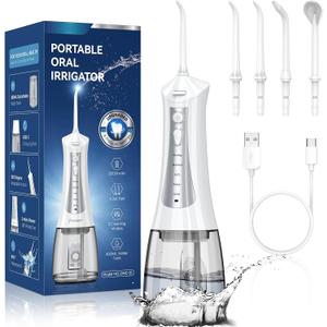 Family Cordless Water Flosser - 300mL Oral Irrigator with 5 Modes, 4 Tips, IPX7 Waterproof Rechargeable Teeth Cleaner for Braces, Kids & Travel (Brilliant White&grey)
