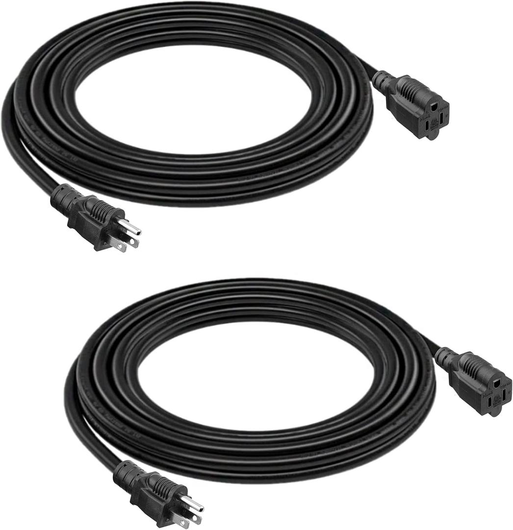 16 SJTW AWG Heavy Duty Power Cord 3 Prong Extension Cord, NEMA 5-15P to NEMA 5-15R, Power Cable for Indoor and Outdoor Use, Black Color, ETL Listed (2 Packs 10FT Black)
