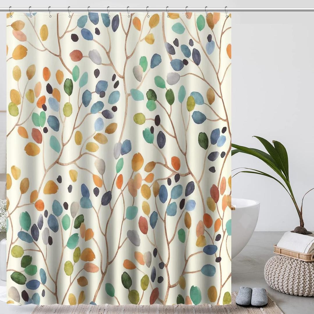 Amaredom Floral Shower Curtain for Bathroom, Colorful Leaves Curtain Bathroom Decoration, Shower Curtain Set with Curtain Hooks, Size: 72"W x 72"L