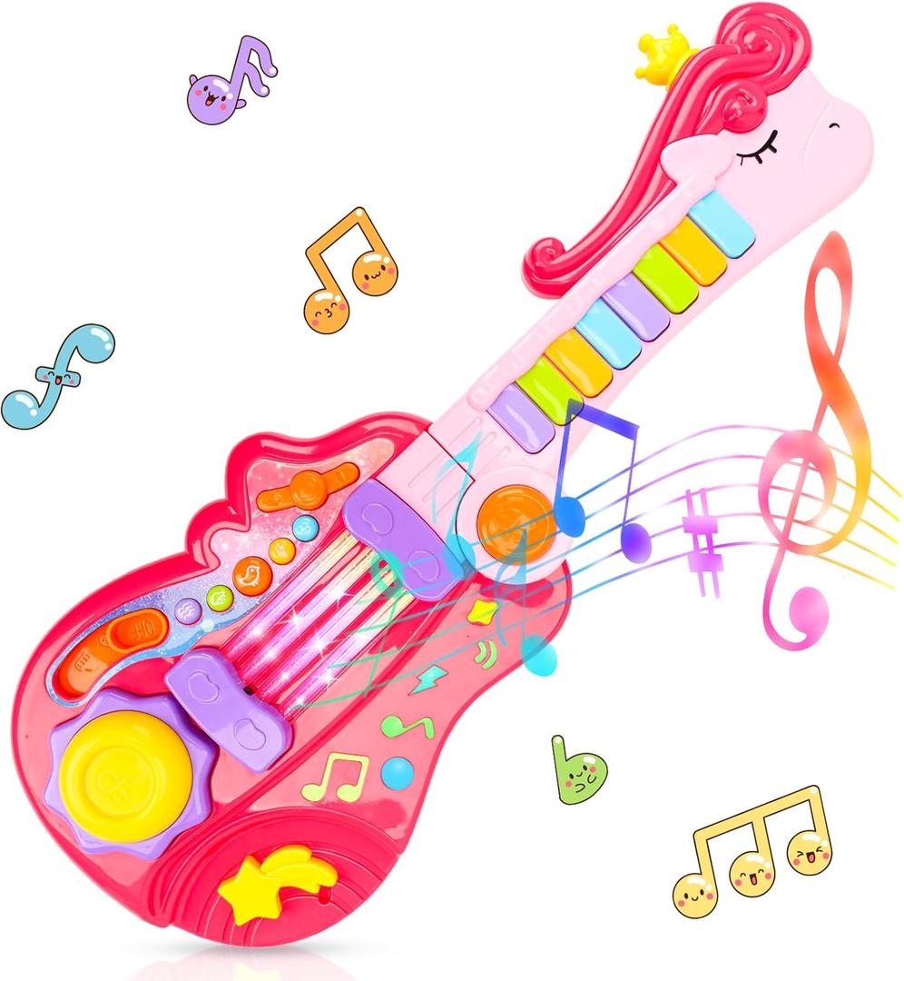 Kids Guitar Toy for 3 Year Old Girl Gift 2-in-1 Electric Guitars with Piano Mode for Toddlers Light Up Music Toys for 3 4 5 Year Old Girls Boys Gifts (Pink)