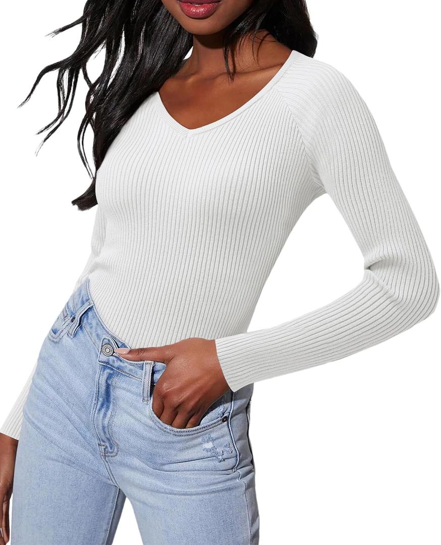 Women's 2024 V Neck Sweaters Fashion Fitted Long Sleeve Ribbed Knitted Pullover Trendy Business Work Tops, Large