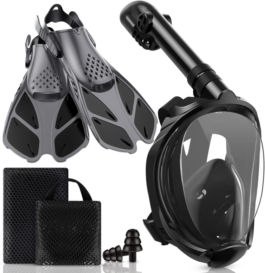Mask Fins Snorkeling Gear for Adults, Full Face Snorkel Mask & Adjustable Swim Fins Snorkel Set, Panoramic View Snorkel Mask Dry Top Anti-Fog Anti-Leak (Black) S/M