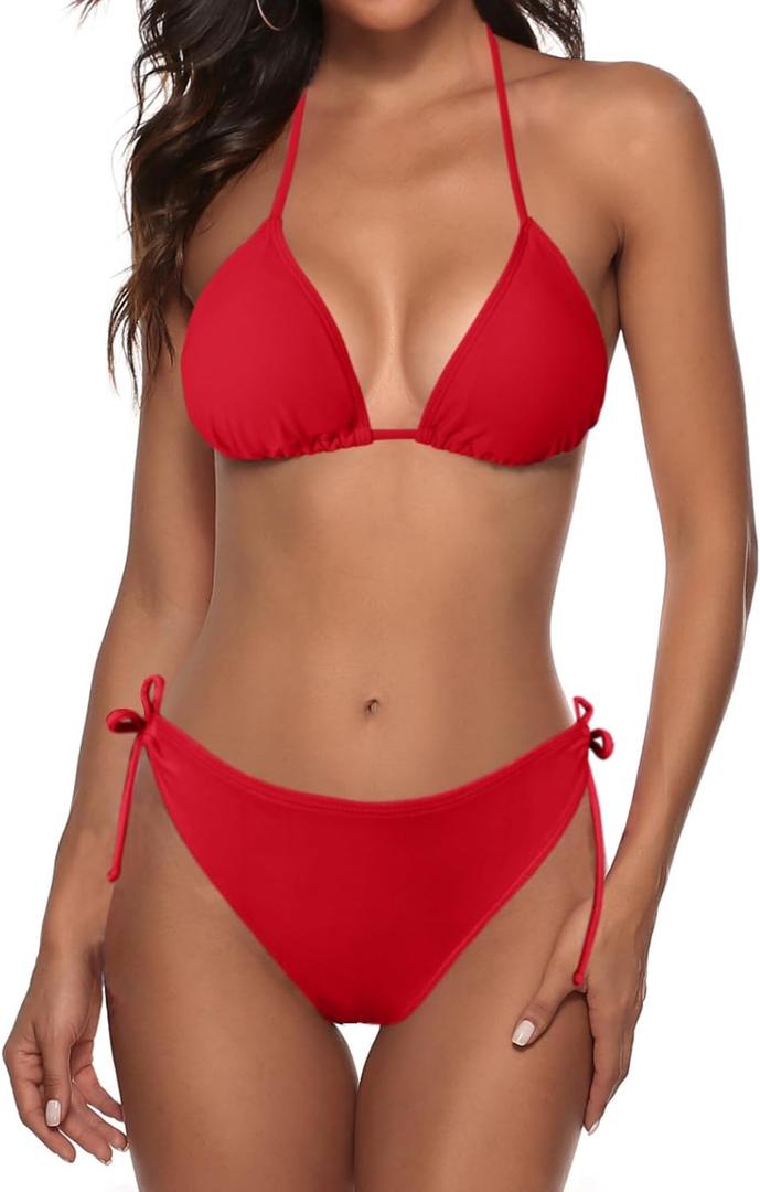 Zonsaoja Women String Bikini Set Halter Side Tie Two Piece Swimsuit Triangle Bathing Suits (Medium, Red)