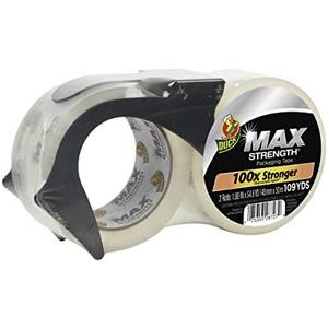 Duck Max Strength Clear Packing Tape with Refillable Dispenser – 2 Rolls of Maximum Strength Heavy Duty Packaging Tape for Shipping & Moving Boxes - 1.88 Inch x 54.6 Yards - Clear (284986)