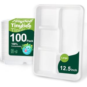 Tinybee 100% Compostable 5 Compartment Paper Plates 12.5 * 8.6 Inch [100-Pack] Large Heavy Duty Divided Disposable Eco-Friendly Bagasse Plates Lunch Trays for Buffet/Party/School (BPI-Certified) White