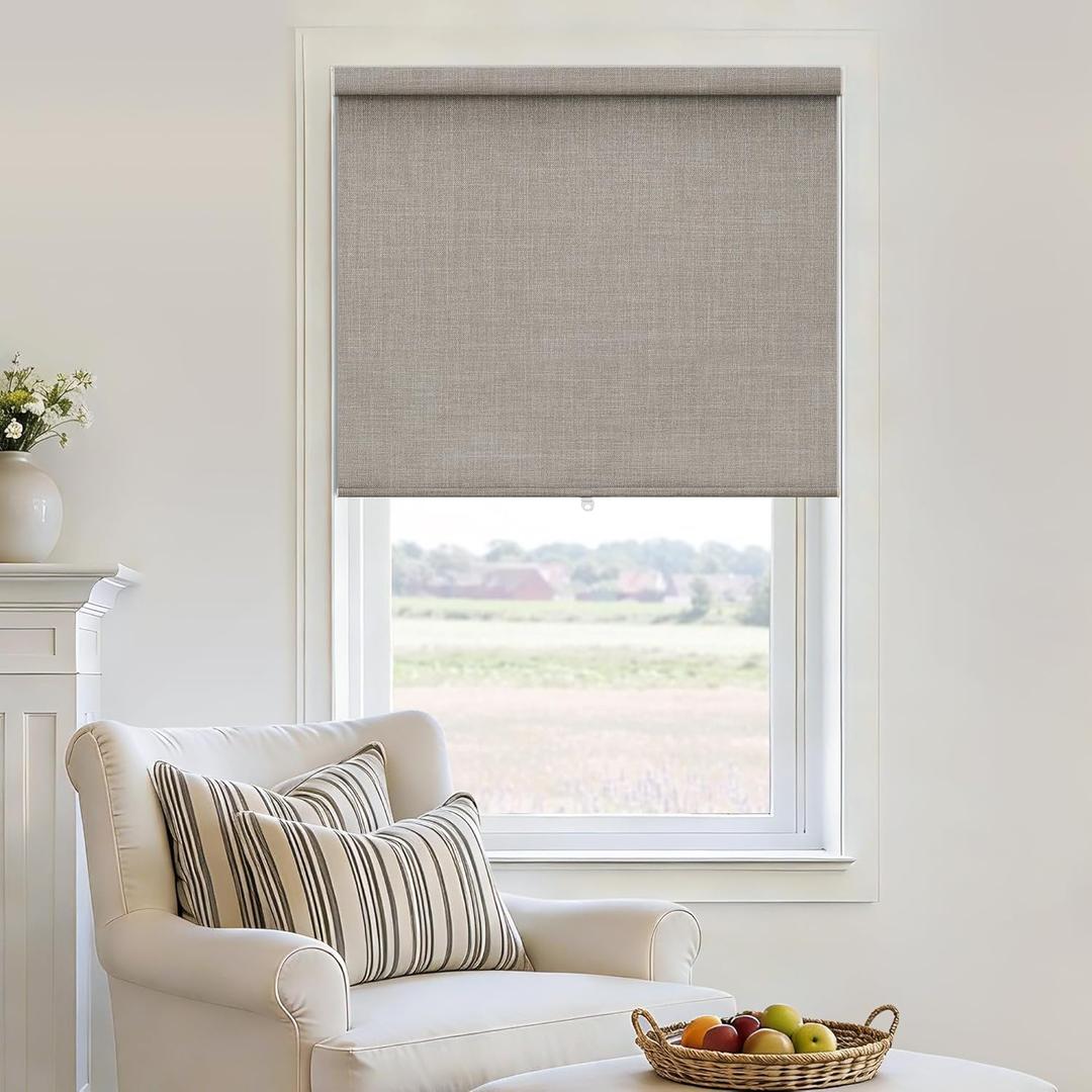 Black Out Shades Cordless Blinds for Bedroom Windows Free-Stop Thermal Insulated 100% Blackout Linen Roller Shades Blinds for Bedroom Living Dining Room, Greyish Beige Taupe Burlywood Birch W29xH72