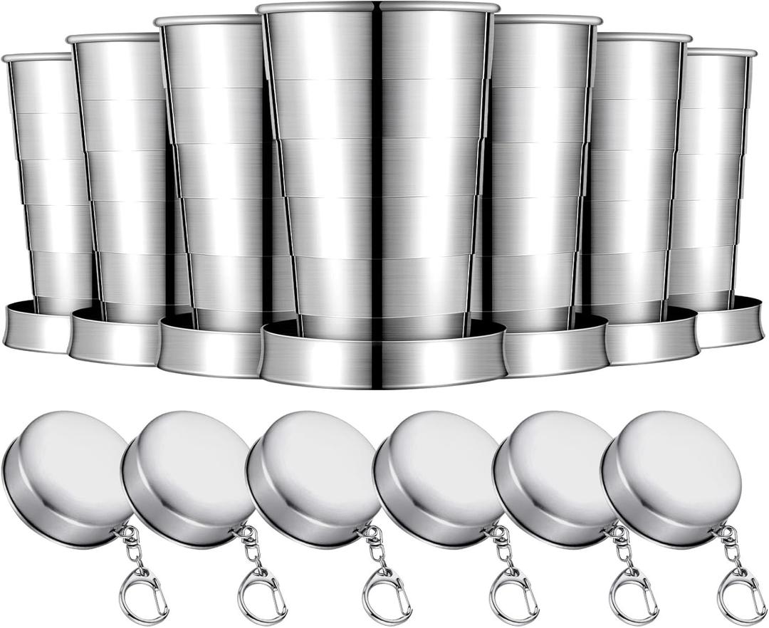 Tessco 6 Pieces Collapsible Shot Glasses Stainless Steel Collapsible Cup Reusable Portable Travel Folding Cup with Lid and Keychain for Camping Hiking Cycling (2.5 oz)