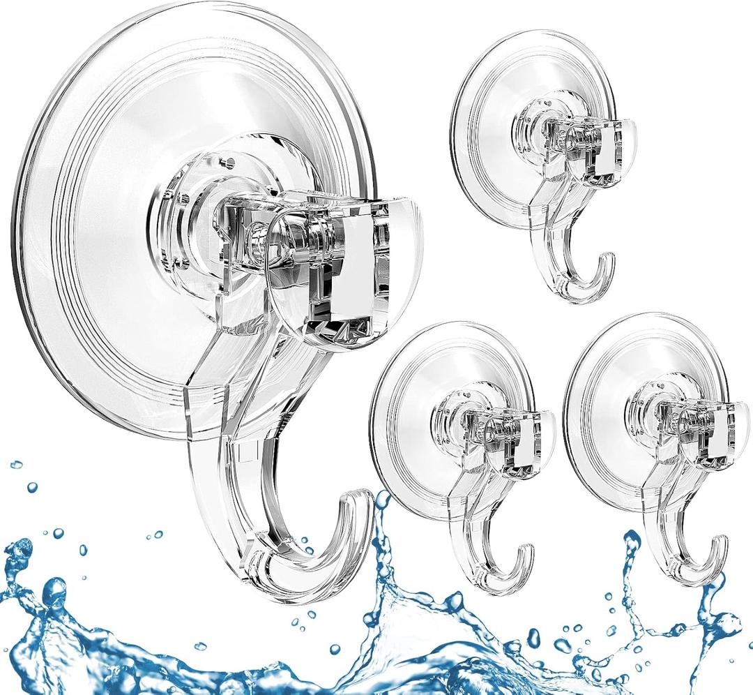 Quntis Suction Cup Hooks 4 Pack, Multi-Purpose Clear Shower Suction Hooks Waterproof Heavy Duty Wreath Hanger for Bathroom, Window, Towel, Shower Wall, Tile, Glass Door, Camper (Transparent)