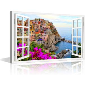 3D Window Effect Canvas Wall Art Italy Town Rio Maggiore Cinque Terre Painting Framed Canvas Paintings Ready to Hang for Bathroom Living Room Bedroom Home Decorations 36x244inch