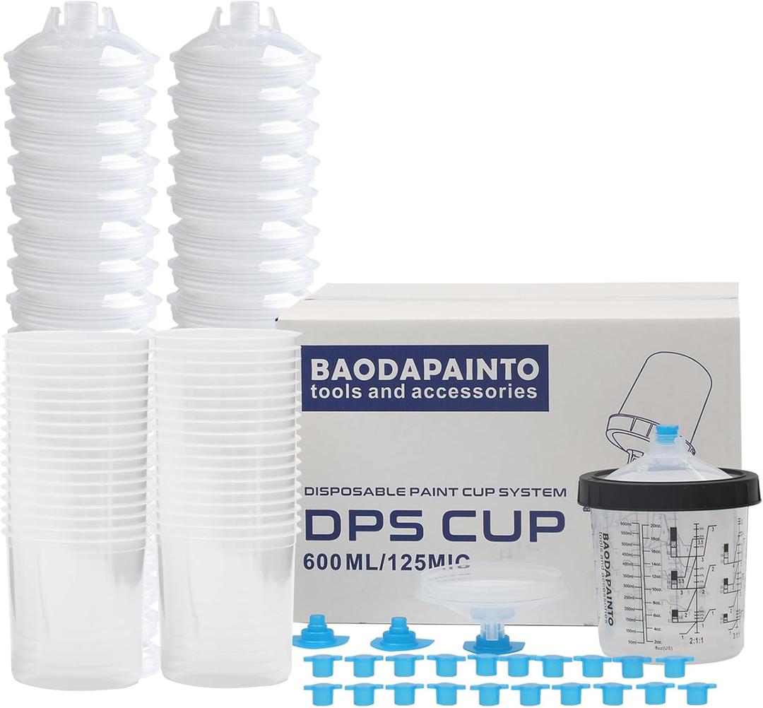 Disposable Paint Spray Gun Cup, Paint Mixing Cups System for HVLP and LVLP Paint Spray Gun, 20 Ounce (600ML) Kit, 50 Cups Liners and Lids System, 1 Hard Cup, 1 Collar with 20 Plugs (22 oz Kit-50 pcs)
