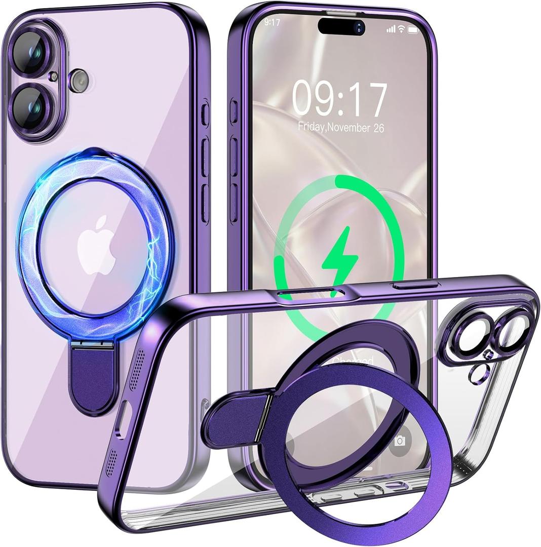 Magnetic for iPhone 17 Case with Invisible Stand[Compatible with MagSafe][Full Camera Lens Protector][Military Drop Protection] Shockproof Not Yellowing Clear Slim Soft for Women Men (Purple)