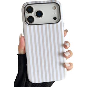 Longlayss Compatible with iPhone 17 Pro Max Case Cute Aesthetic Striped Phone Case for Women Girl Shockproof Slim TPU and Hard PC Protective Cover (Antique White)