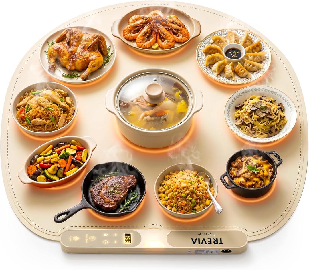 6x Food Warming Mat for Round Tables & Lazy Susans - 28” Extra Large Centerpiece Silicone Electric Warmer for Pizza, Parties & Gatherings with 7 Heat Levels, Timer, Child Lock