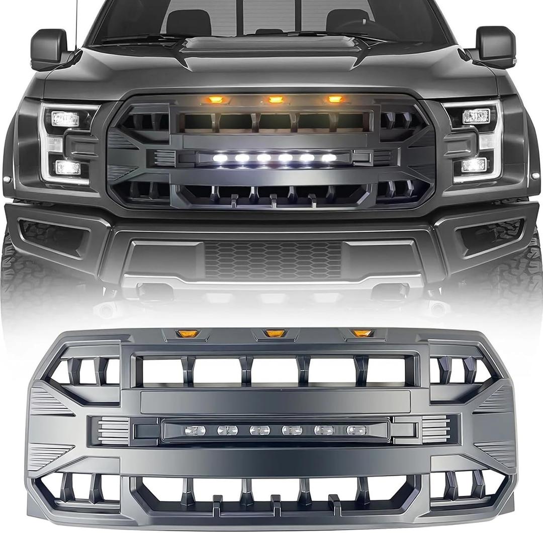 MEGAIE Front Grill Replacement for F150 2015 2016 2017, Matte Black Front Bumper Grille w/Off-Road Lights
